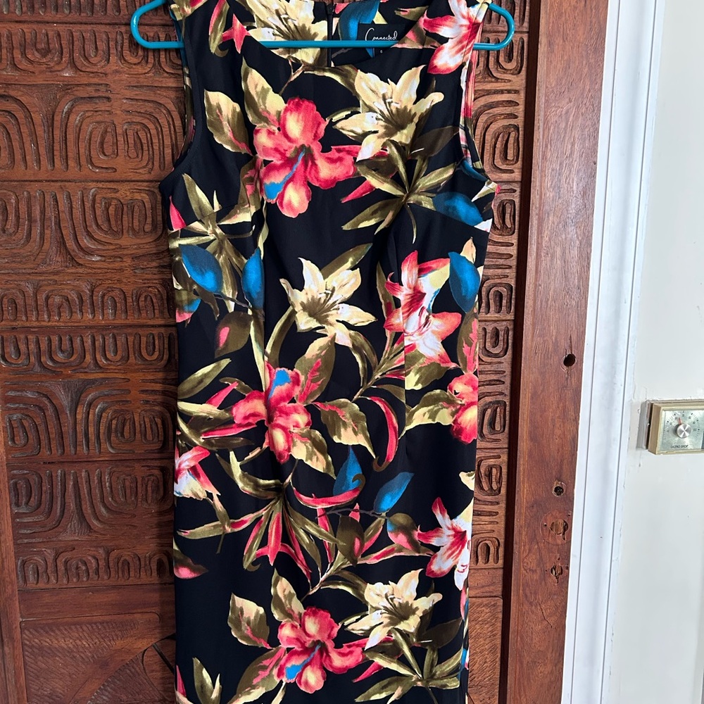 Connected Apparel Black Dress with Red and Green Floral Design